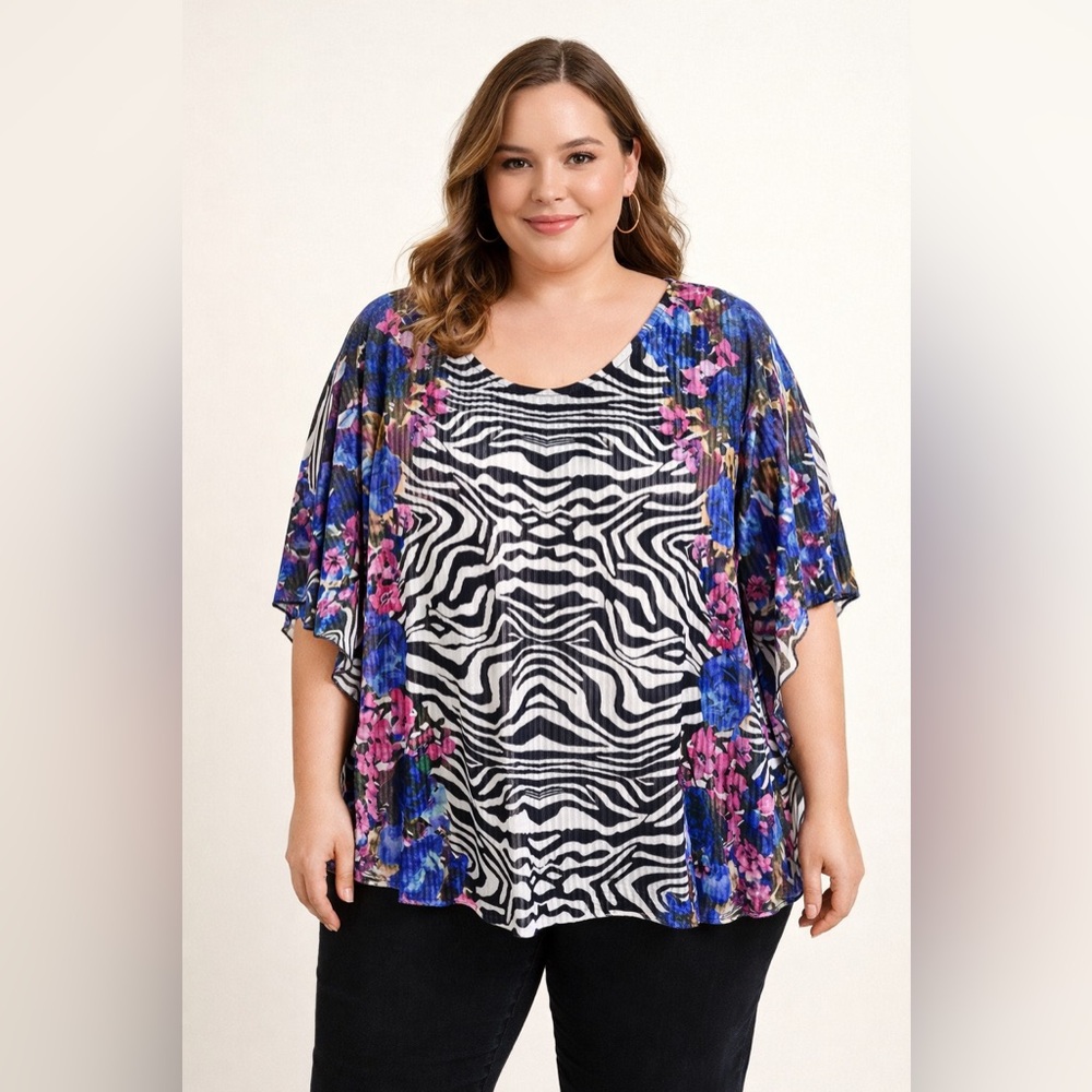 Calessa Zebra Floral Mesh Cape Sleeve Top‎ XL Boho Artsy